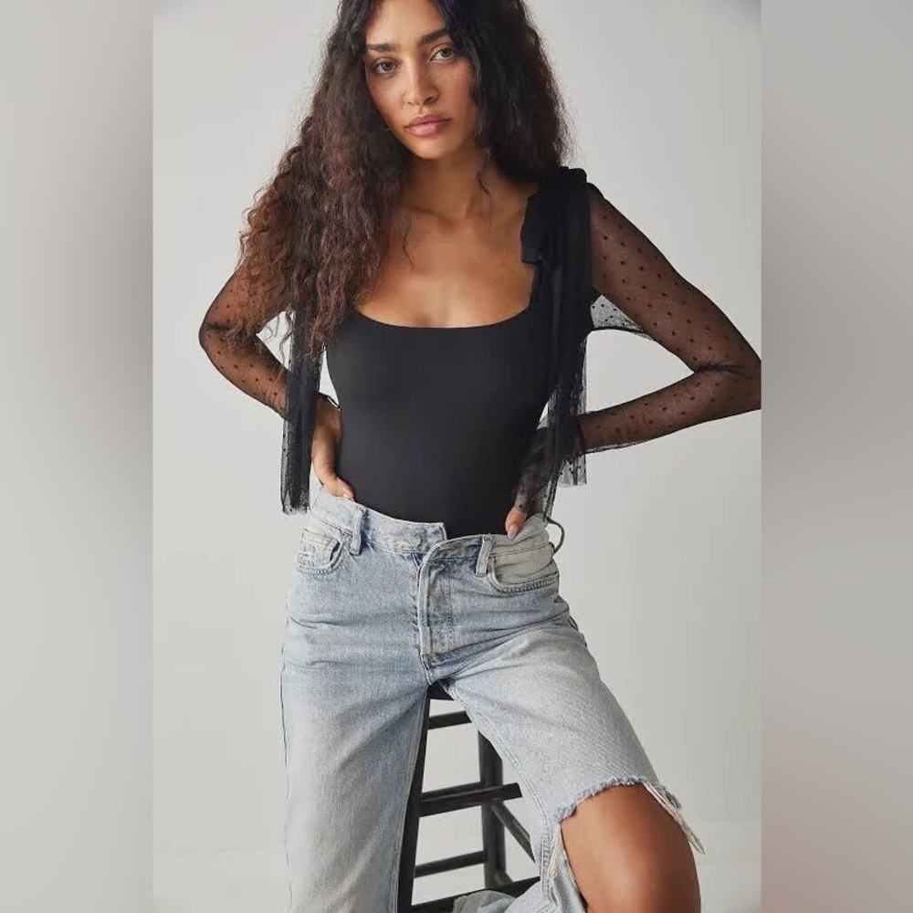 free people intimately Black Square Neck Body Suit Sheer Sleeves  Size Small
